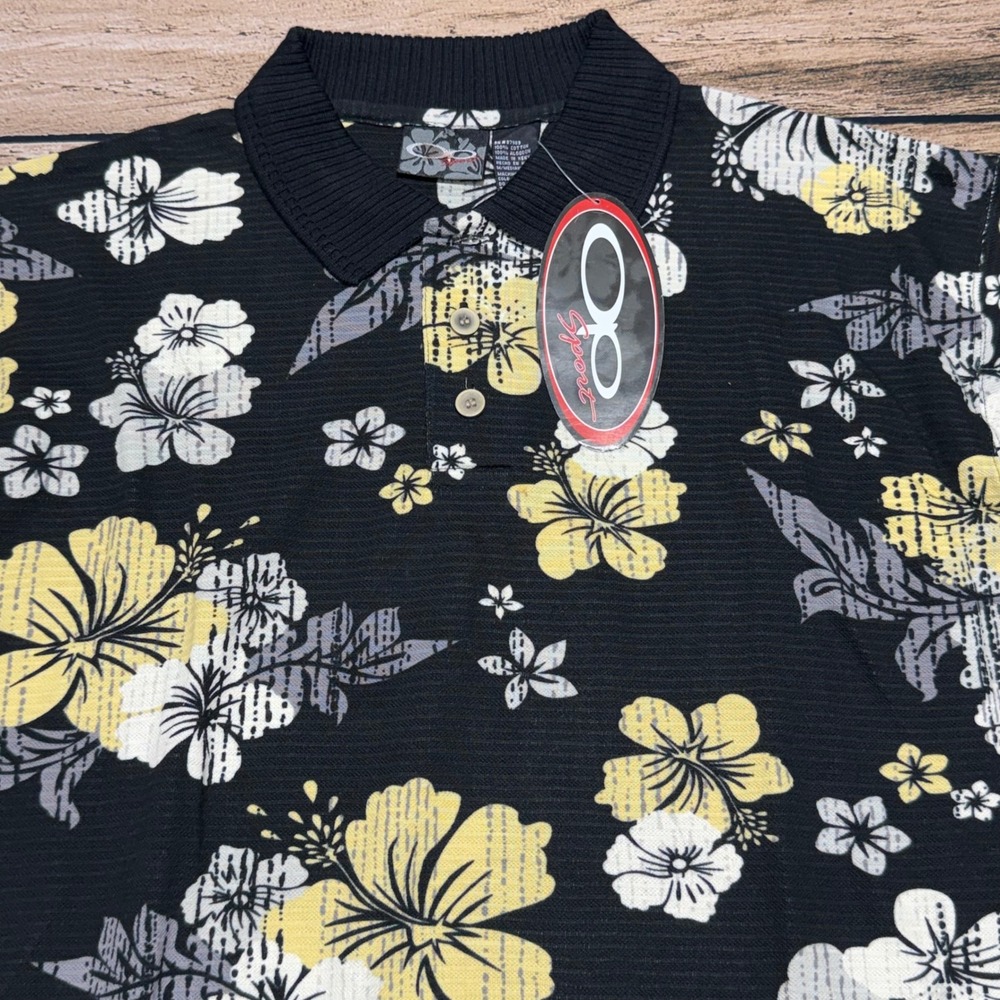 OP Sport Ocean Pacific Polo Shirt Mens M Black Floral Hibiscus Vintage Y2K NWT